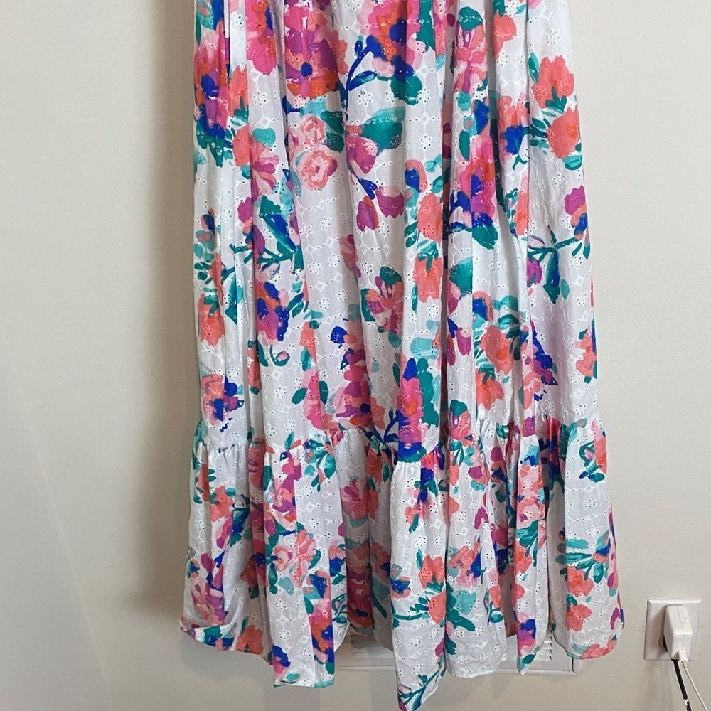 NWT TAYLOR Belted Scoop Neck Dress White Floral Ruffle Skirt Misty Rose Size 12 - Picture 5 of 13